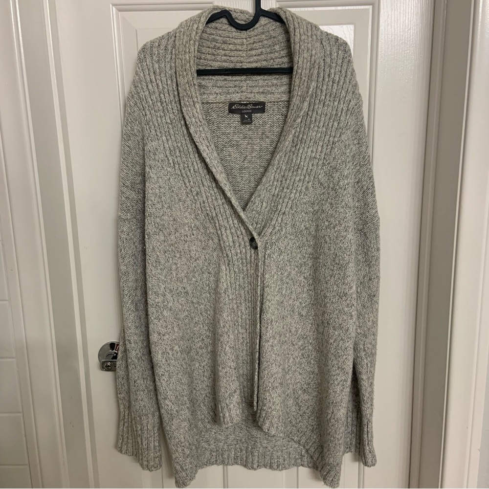 Eddie Bauer Women's Lounge Knit Cardigan Gray Beige Long Sleeve Collar XL